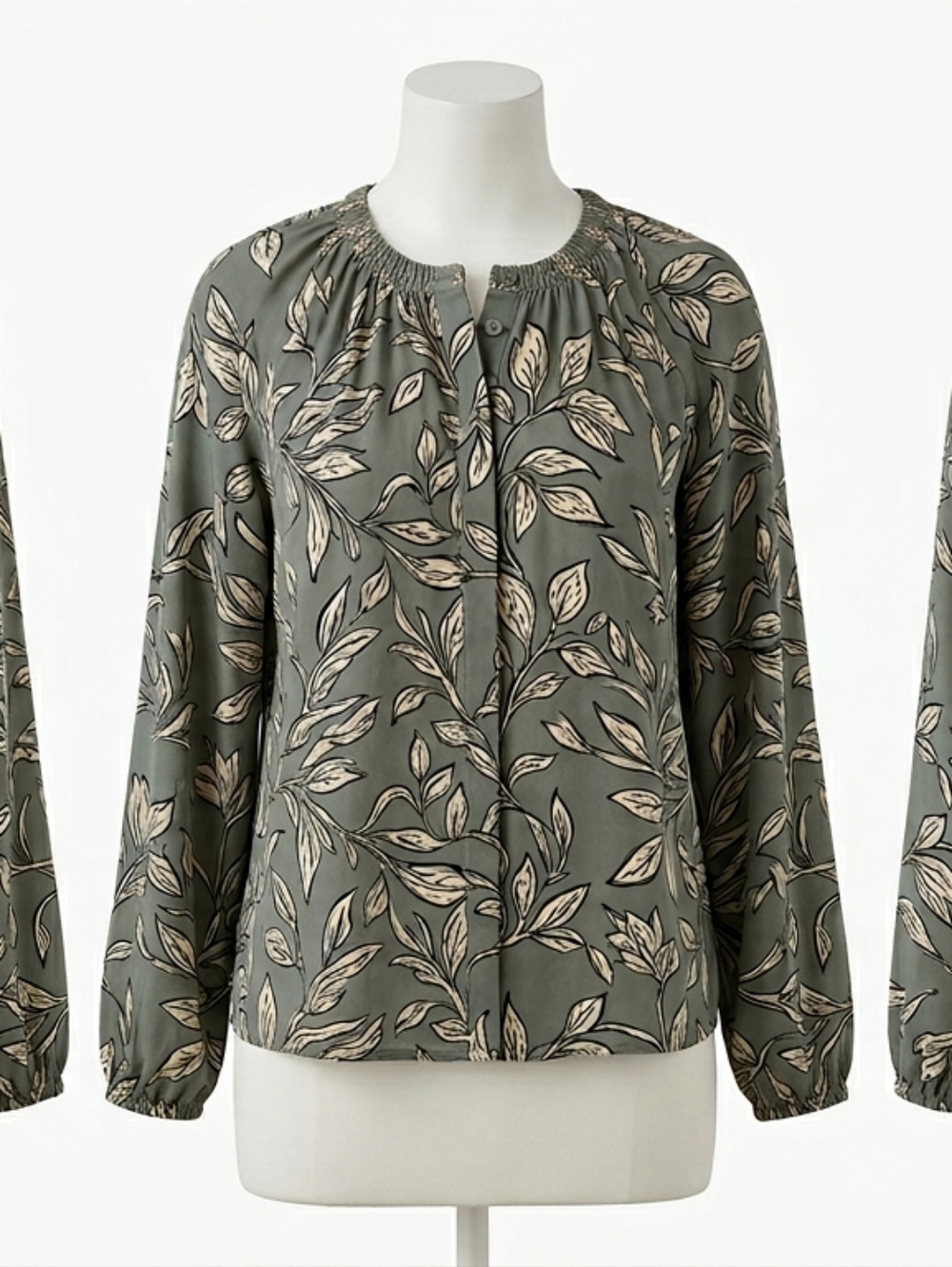 LOFT Olive Green Leaf-Print Long-Sleeve Blouse